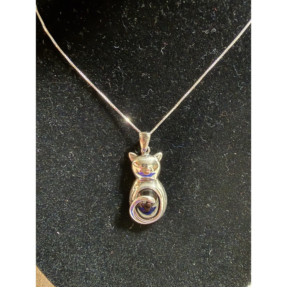 Stunning Sterling Silver Black Onyx Cat Pendant Necklace 18" Chain Marked A 925